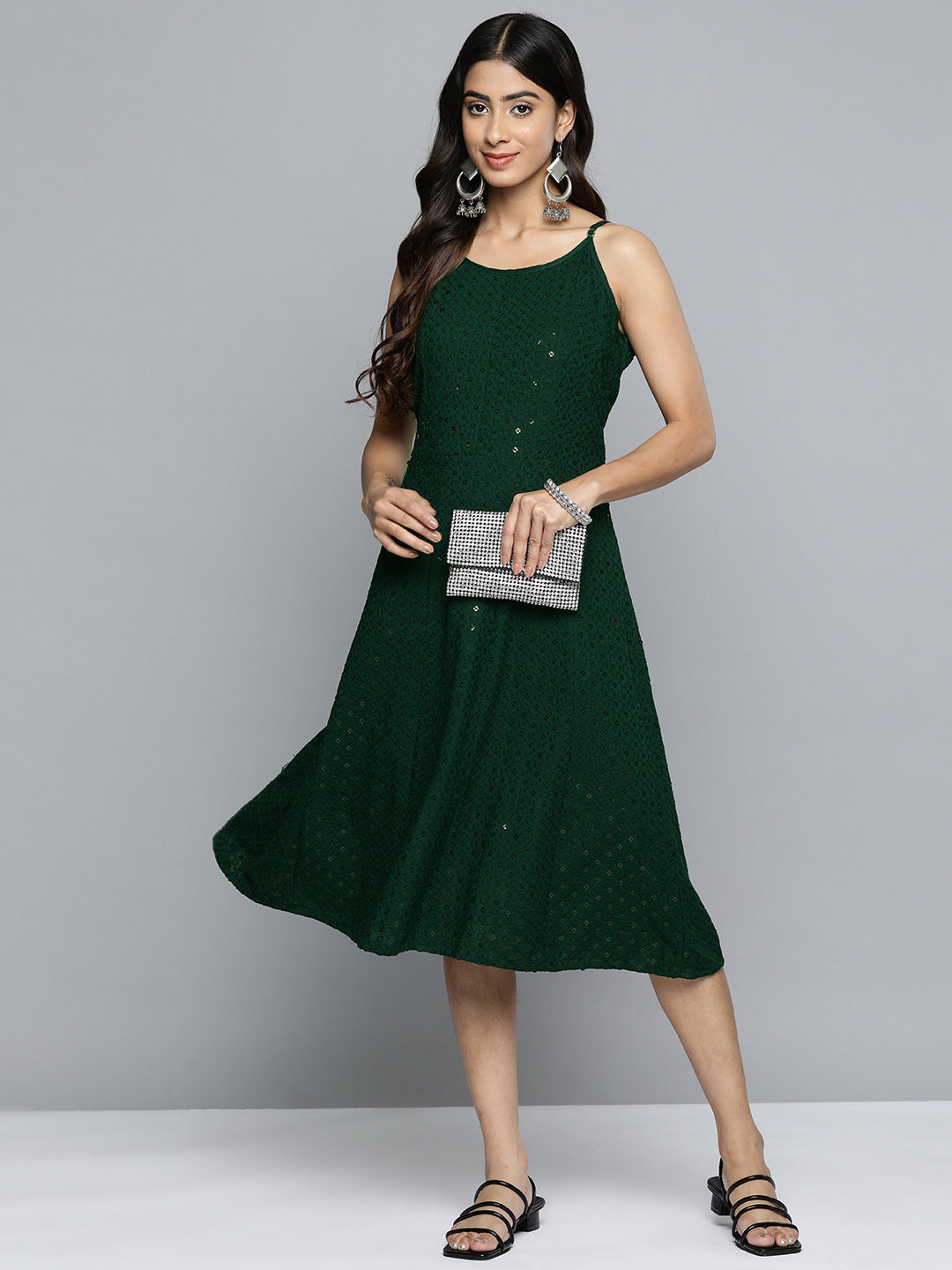 Jompers Olive Floral Sequin Embroidered A-Line Midi Dress ( JOK 1494 Olive )