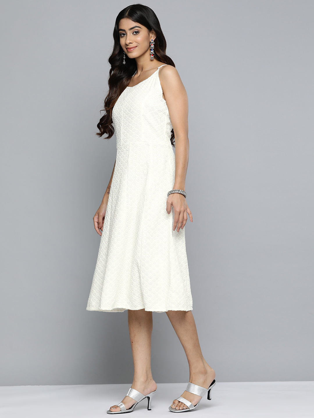 Jompers White Floral Sequin Embroidered A-Line Midi Dress ( JOK 1494 White )