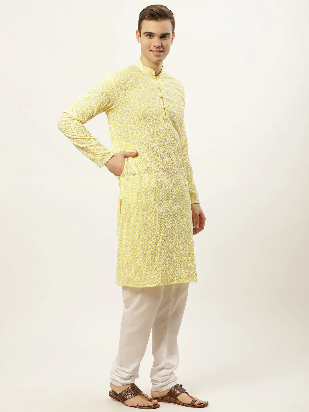 Jompers Men's Yellow Embroidered Kurta Only ( KO 626 Yellow )