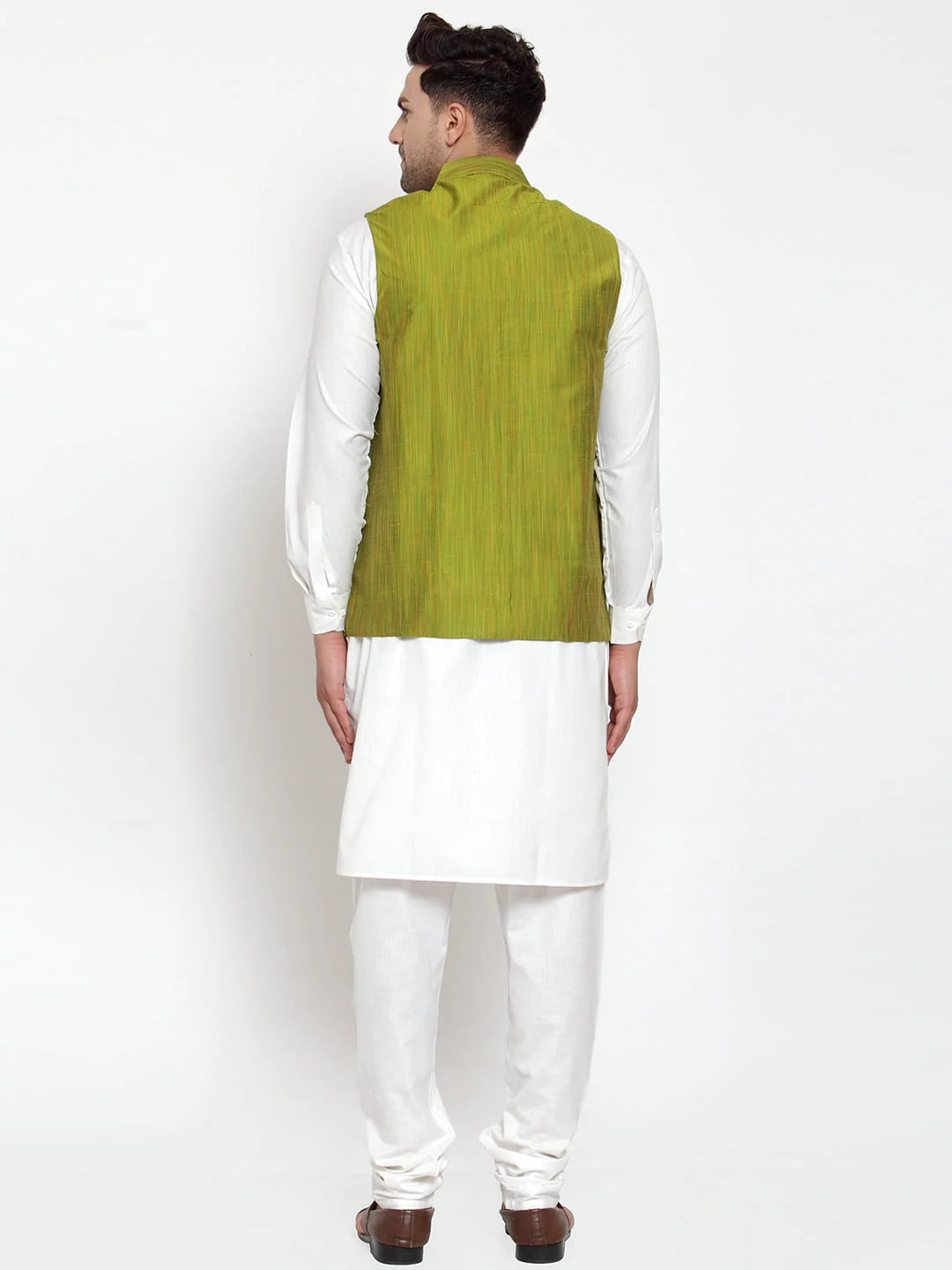 Jompers Men's White Solid Kurta with Pyjamas & Green Nehru Jacket ( JOKP WC 4064 Green-W )