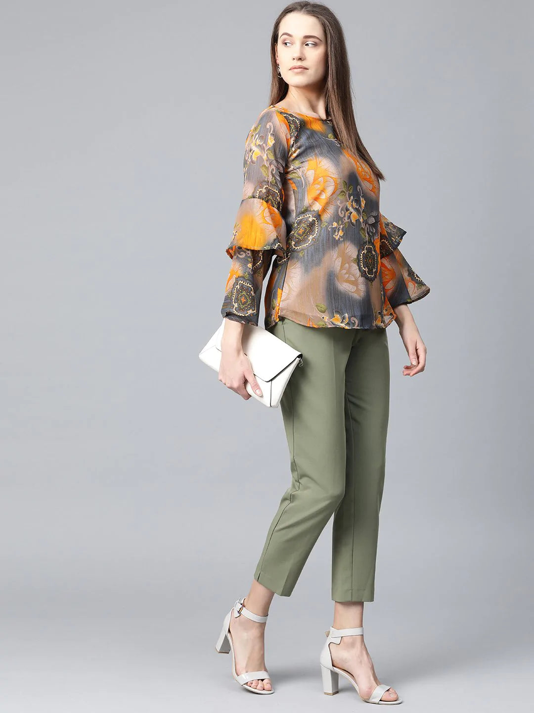 Jompers Women Grey & Mustard Printed Top ( JOT 7008 Yellow )