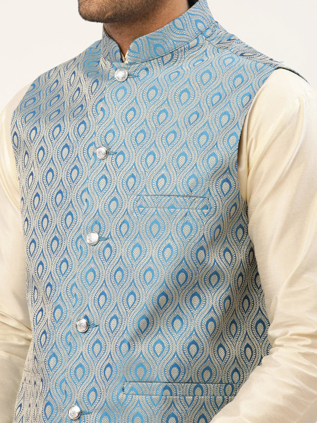 Jompers Men Sky Blue Woven Design Nehru Jacket ( JOWC 4006 Sky )