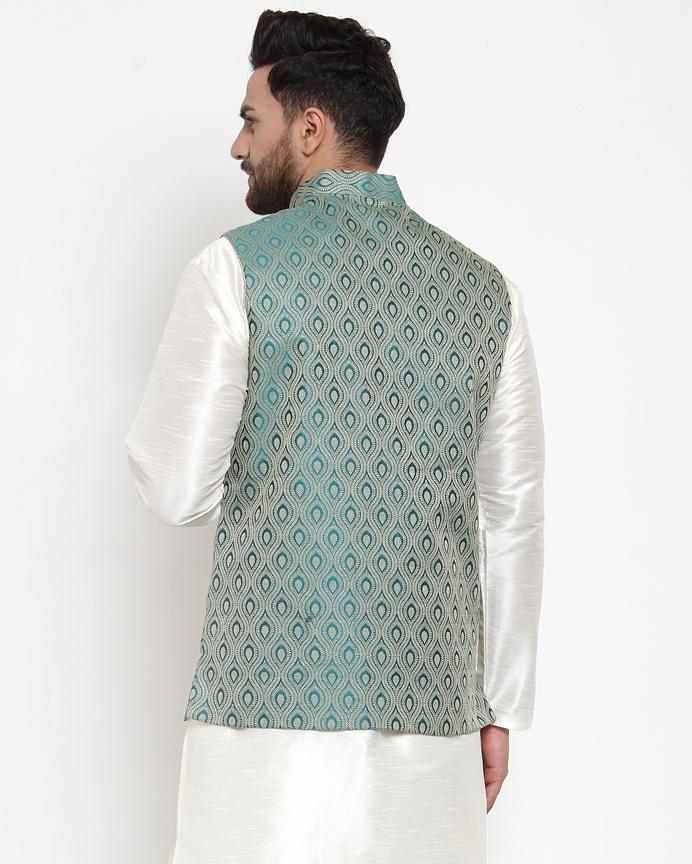 Jompers Men Green Woven Design Nehru Jacket ( JOWC 4006 Green)
