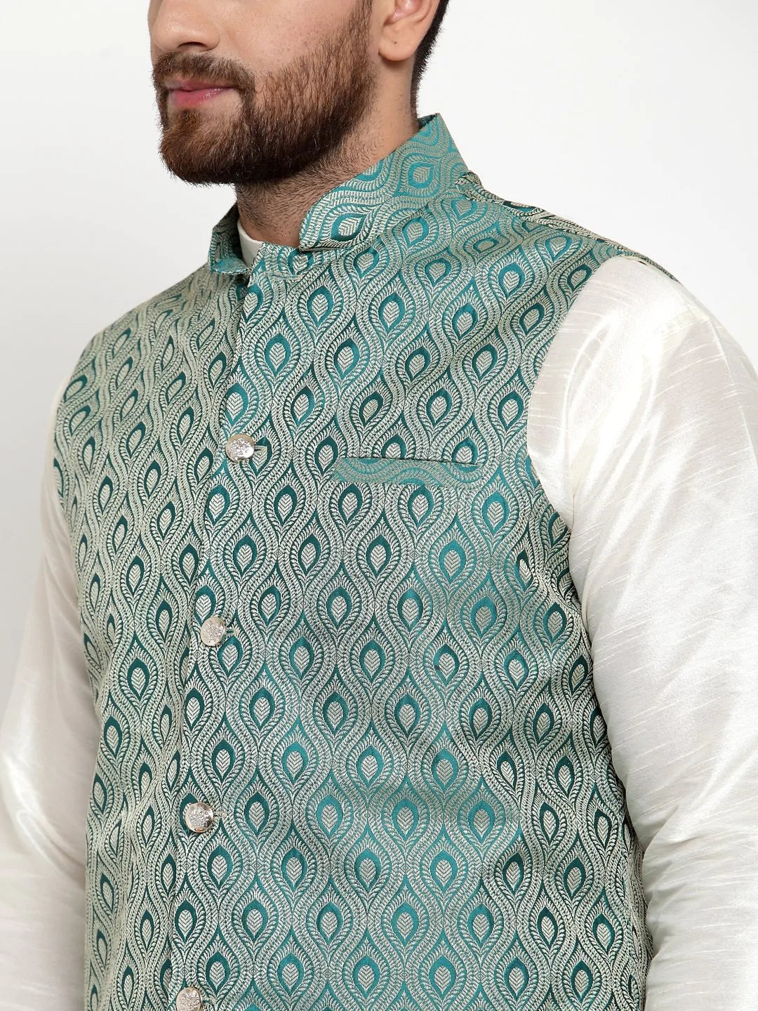 Jompers Men Green Woven Design Nehru Jacket ( JOWC 4006 Green)