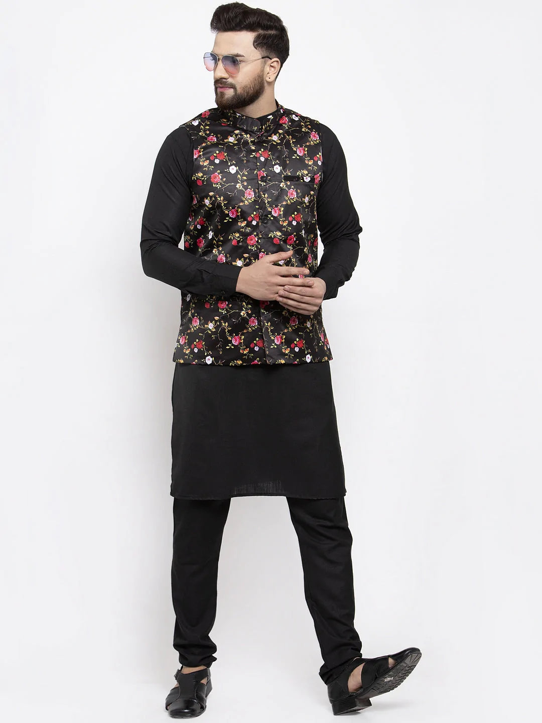 Jompers Men's Black Printed Nehru Jacket ( JOWC 4007Black )