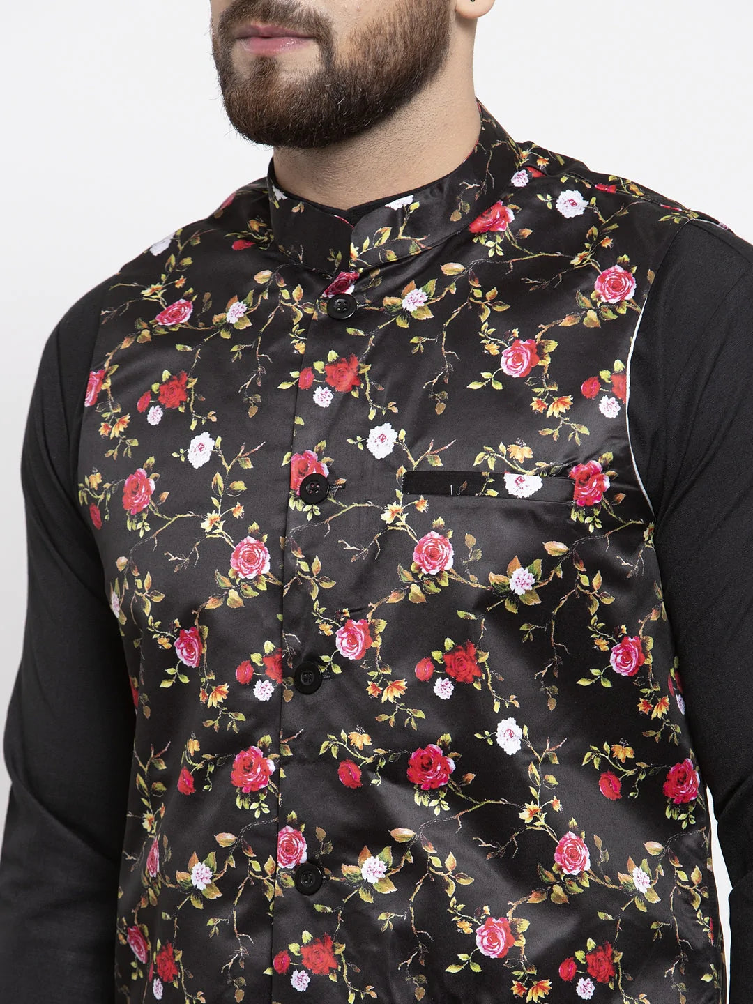 Jompers Men's Black Printed Nehru Jacket ( JOWC 4007Black )