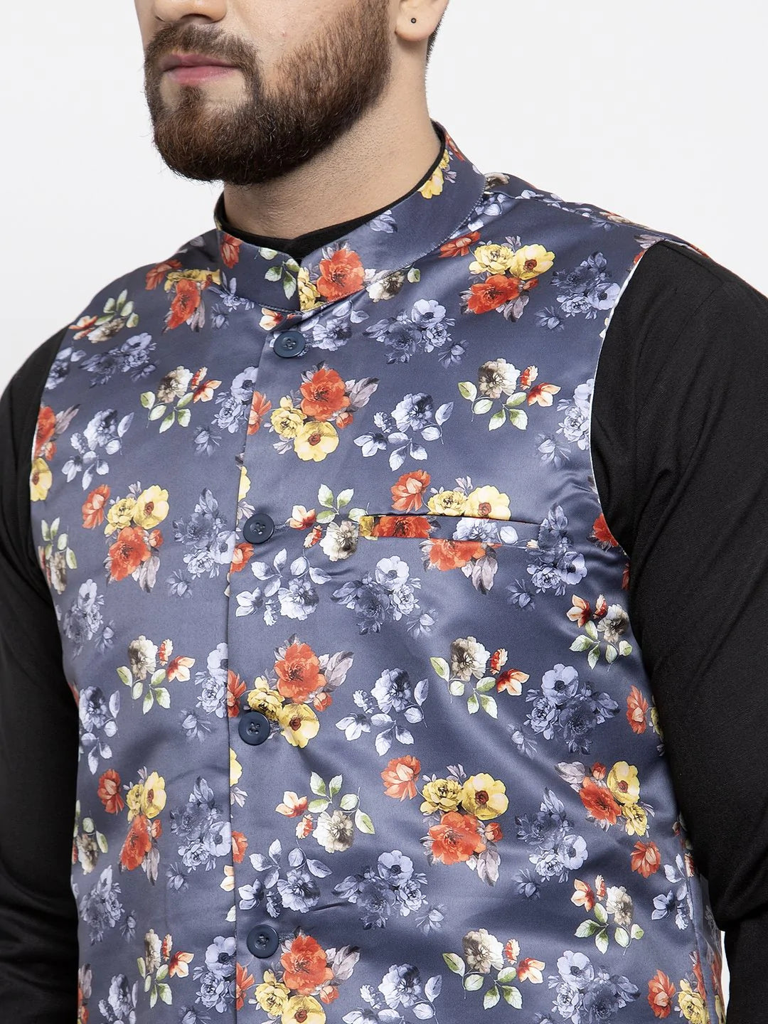 Jompers Men Grey Printed Satin Nehru Jacket ( JOWC 4007 Grey)