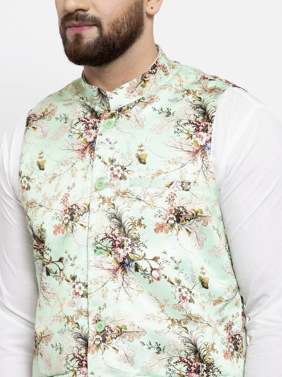 Jompers Men Lime-Green Printed Satin Nehru Jacket ( JOWC 4007 Lime)