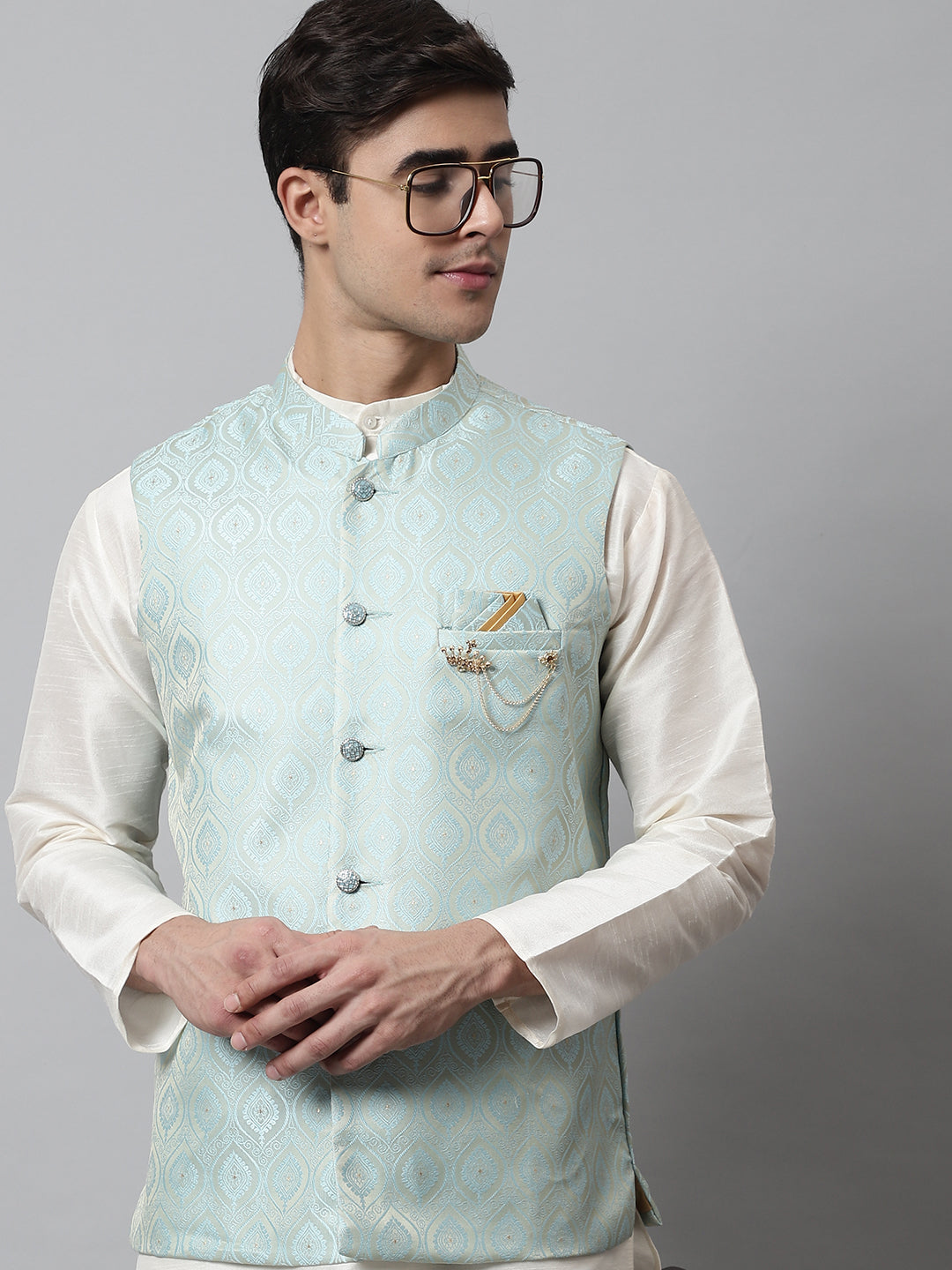 Men's Sky Blue Woven Design Waistcoats ( JOWC 4069Sky )
