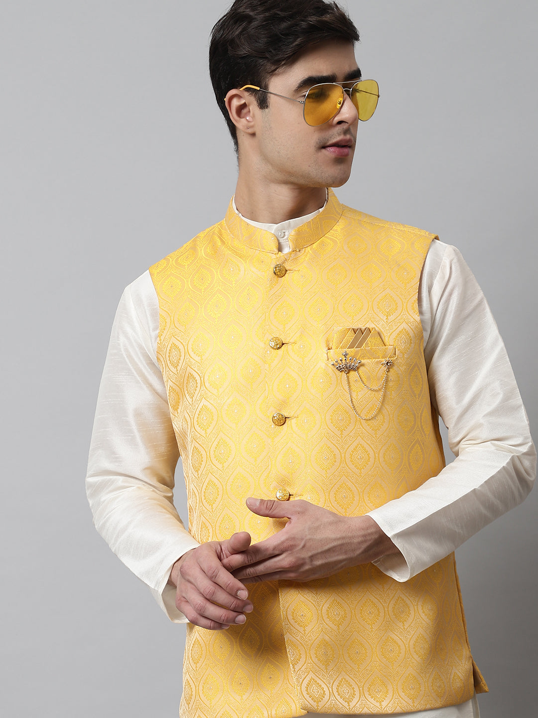 Men's Yellow Woven Design Waistcoats ( JOWC 4069Yellow )