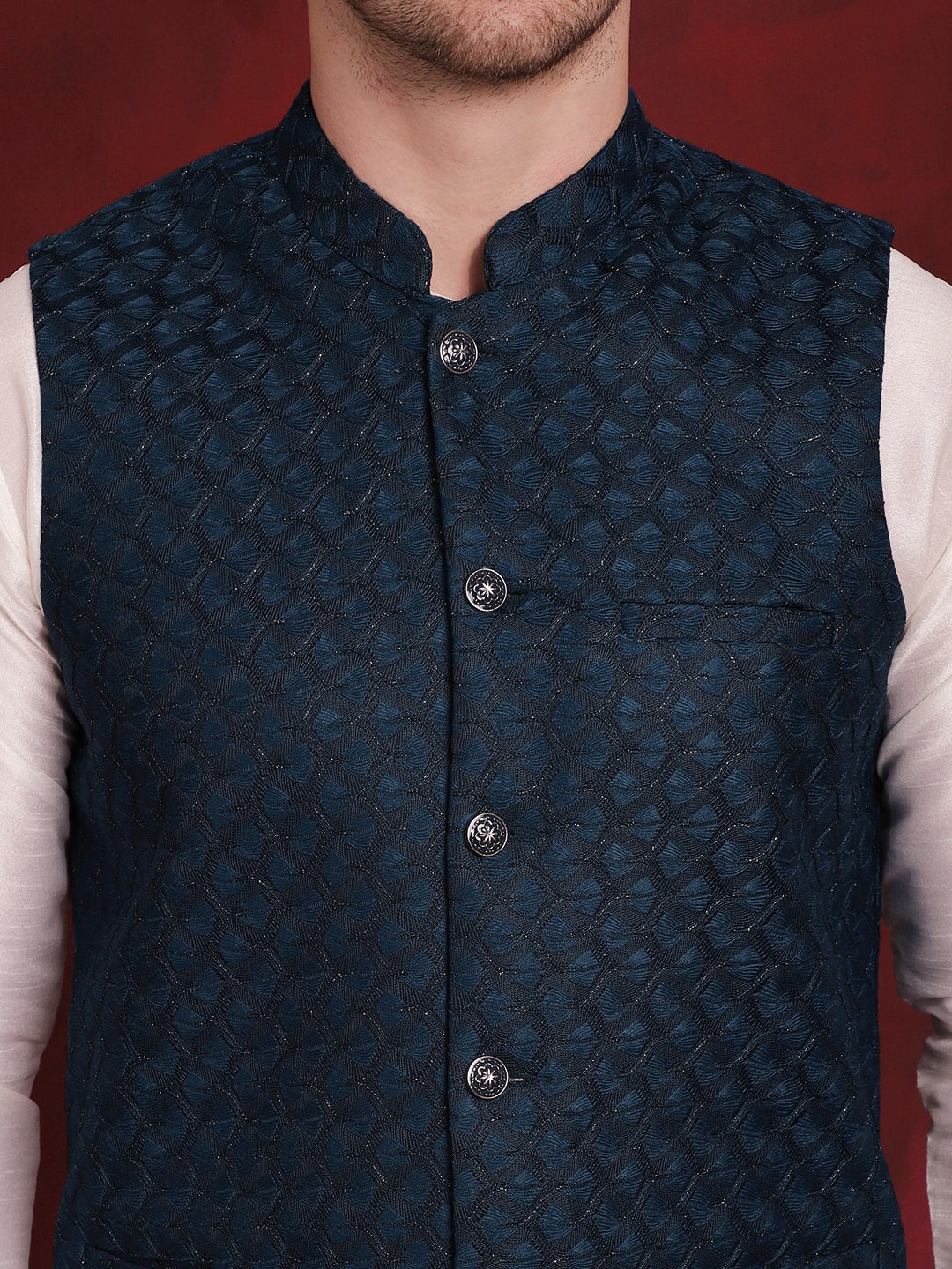 Blue Woven Design Nehru Jacket ( JOWC 4091Peacock )