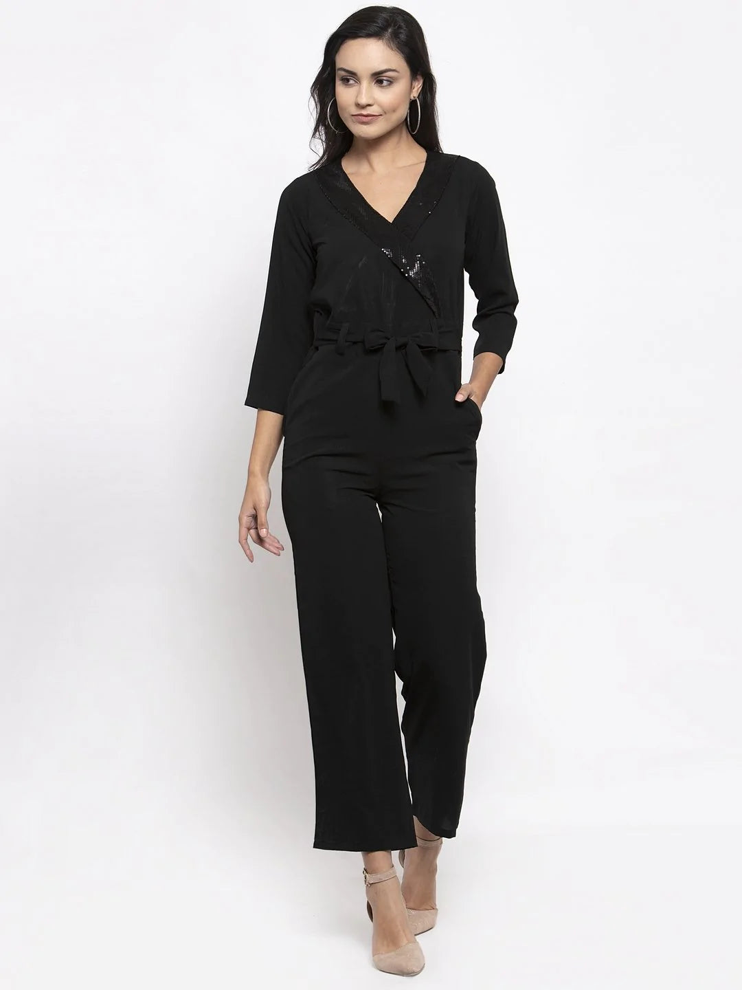 Jompers Women Black Solid Jumpsuit with sequence on neck ( JUP 8003 Black )