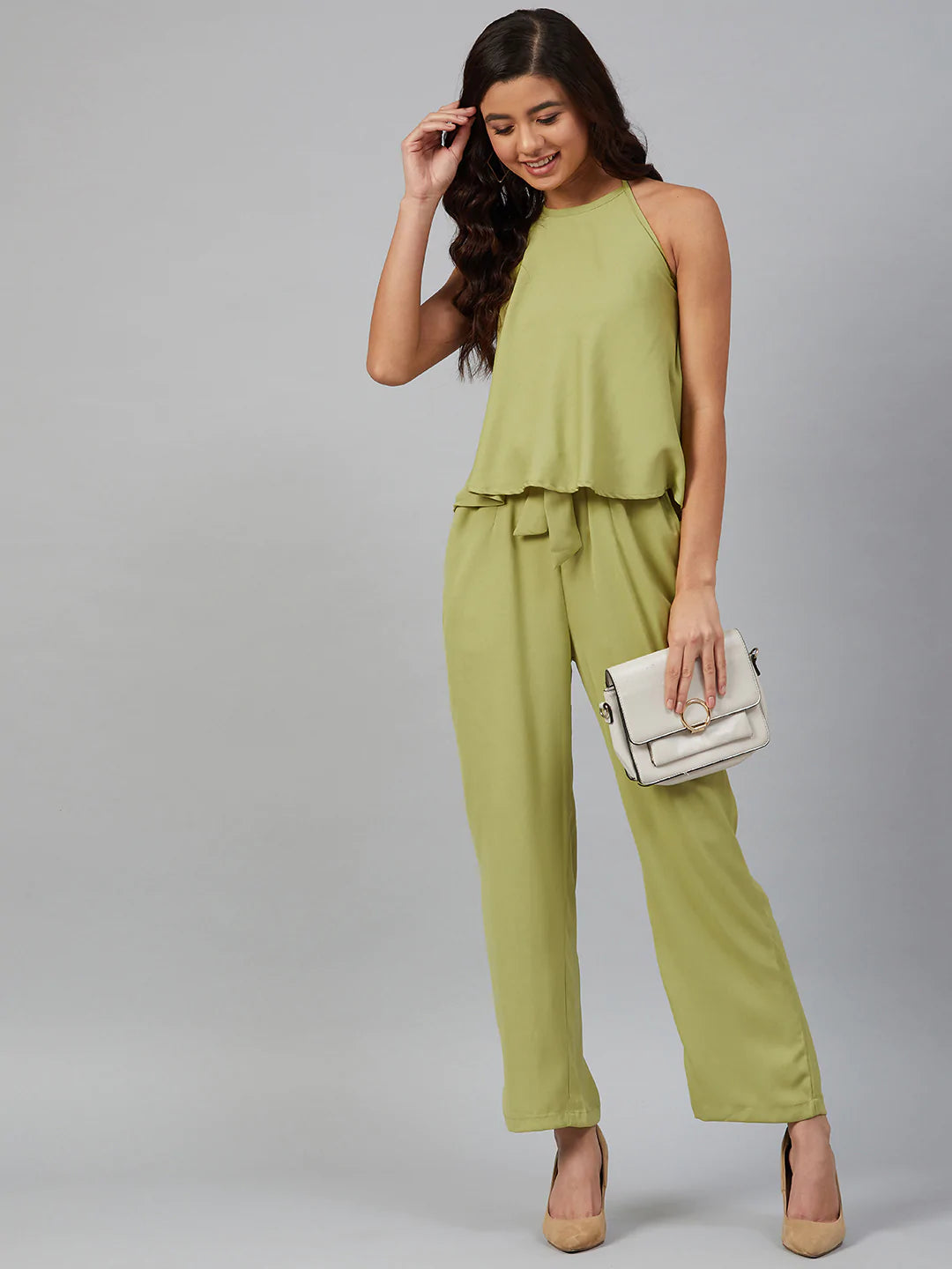 Jompers Women Green-Coloured Solid Halter Neck Basic Jumpsuit ( JUP 8010 Green )