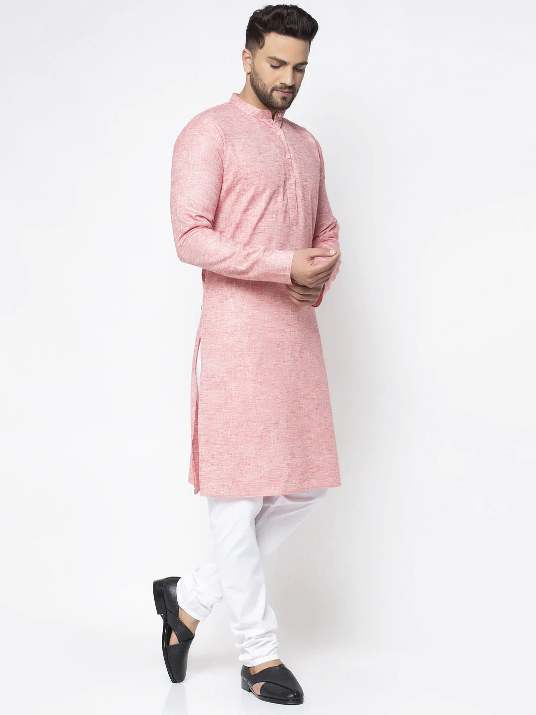 Jompers Men Pink & White Self Design Kurta Only ( KO 638 Coral )