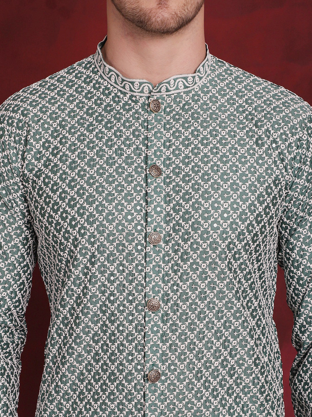 Men Sequin Chikankari Front Open Kurtas ( KO 5029Green )