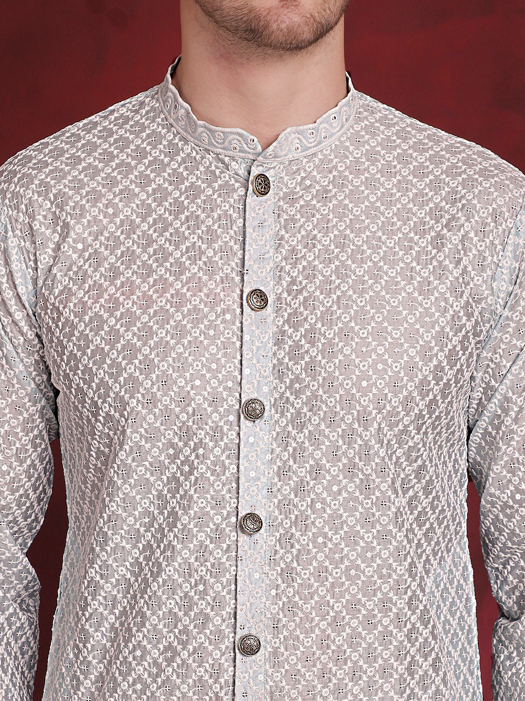 Men Sequin Chikankari Front Open Kurtas ( KO 5029Sky )