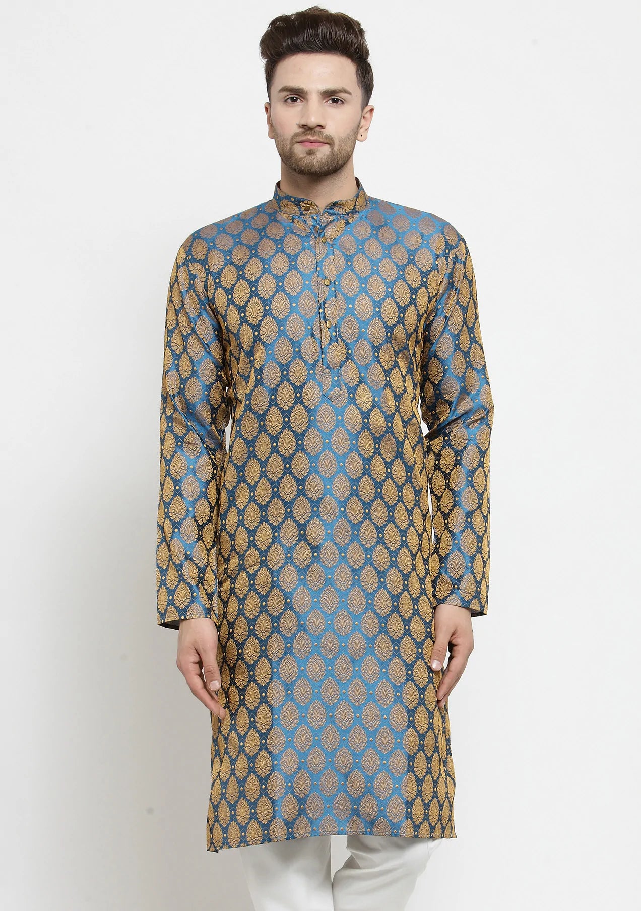 Men Blue-Colored & Golden Self Design Kurta Only ( KO 586 Blue )