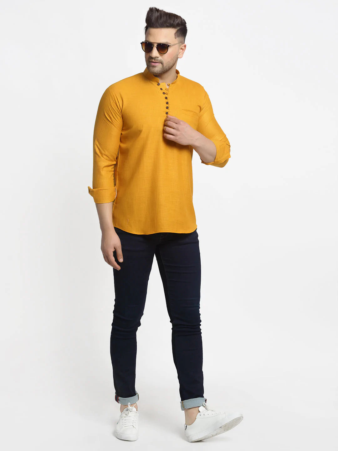 Jompers Men's Mustard Solid Cotton Short Kurta ( KO 639 Mustard )