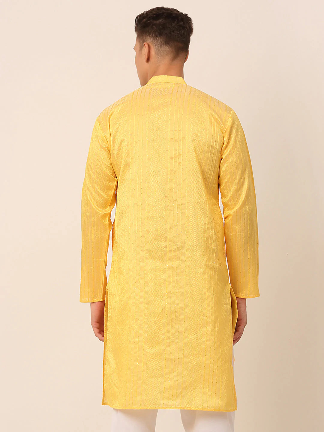 Men's Silk Blend Sequence Embroidered Kurta Only ( KO 661 Yellow )