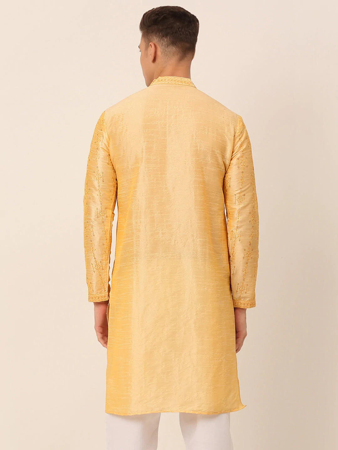 Men's Silk Blend Collar Embroidered Kurta Only ( KO 665 Golden )