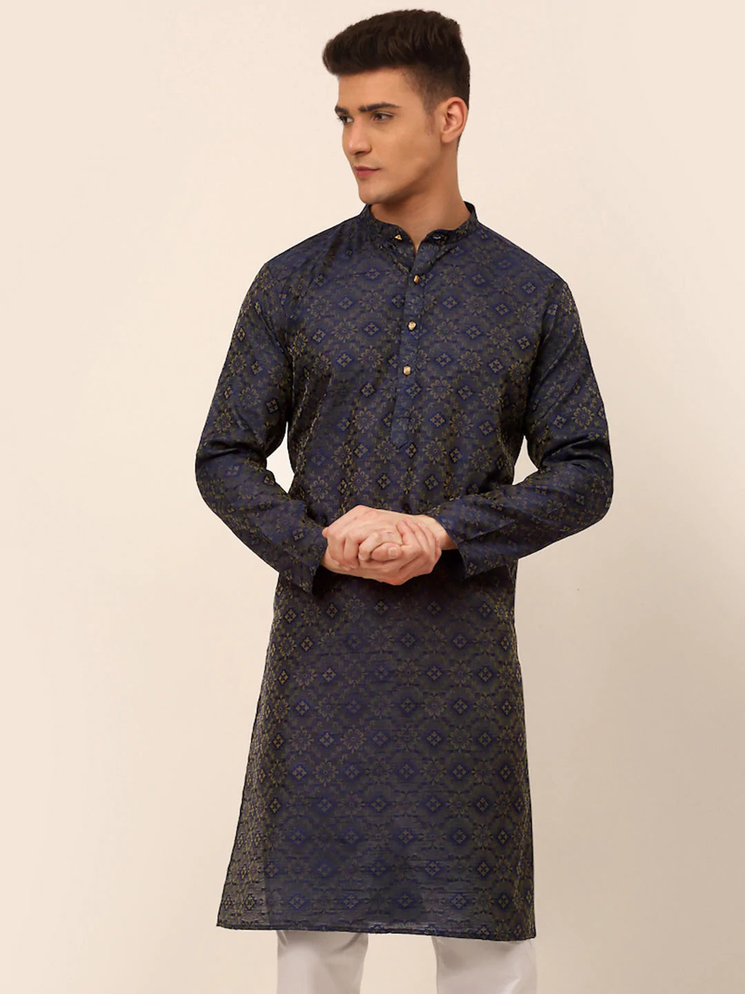Men Navy Blue Floral Printed Kurta Only ( KO 669 Navy )