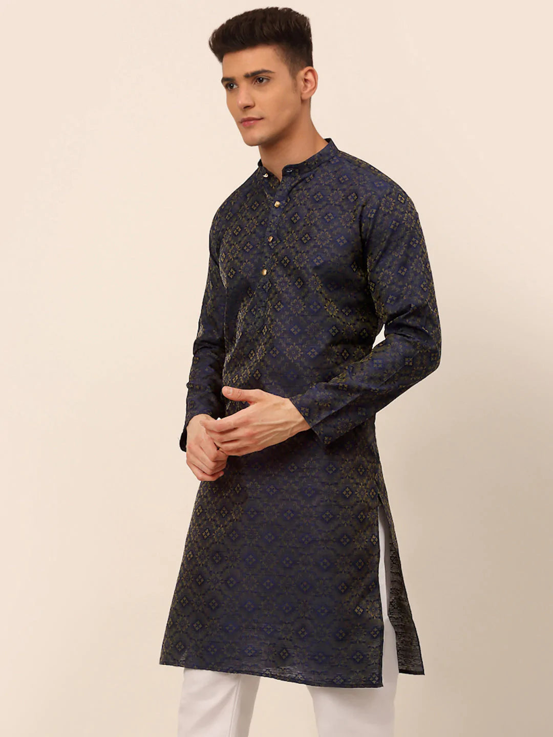 Men Navy Blue Floral Printed Kurta Only ( KO 669 Navy )