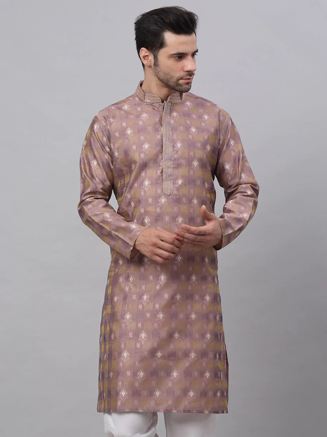 Jompers Men's Pink Collar Embroidered Woven Design Kurta Pajama ( KO 672 Pink )