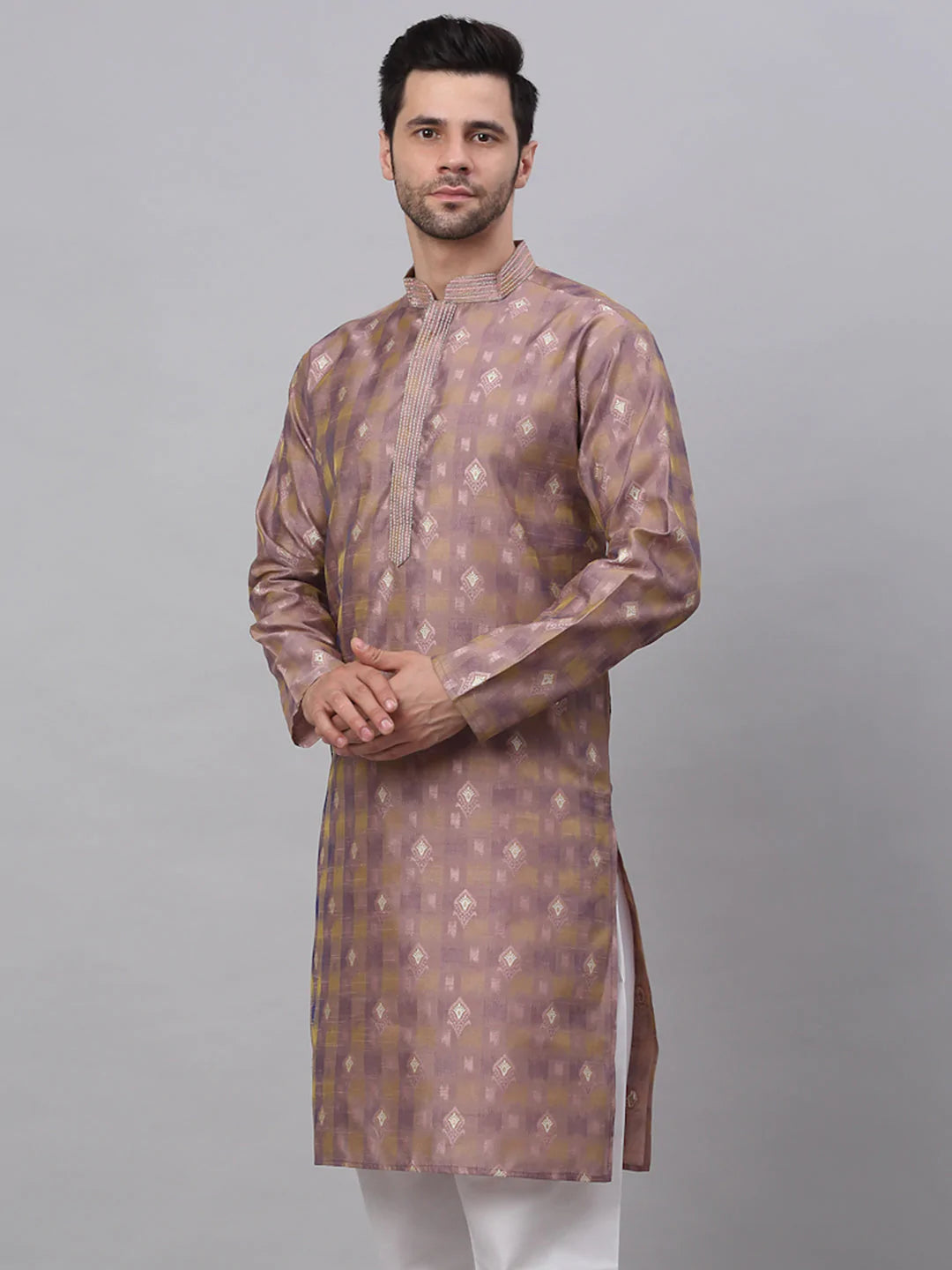 Jompers Men's Pink Collar Embroidered Woven Design Kurta Pajama ( KO 672 Pink )