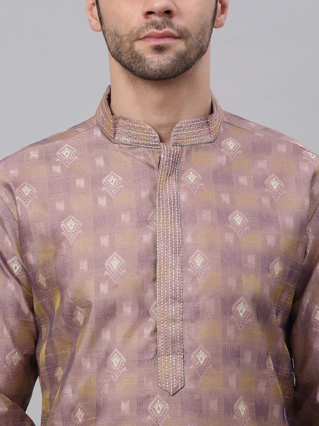 Jompers Men's Pink Collar Embroidered Woven Design Kurta Pajama ( KO 672 Pink )