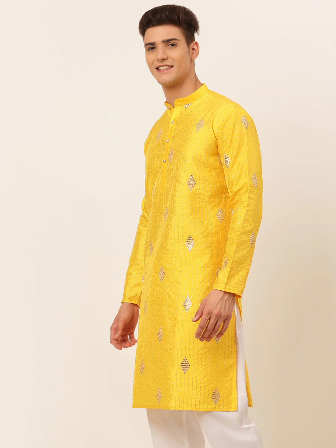 Jompers Men Mustard Yellow Embroidered Sequinned Kurta Only ( KO 673 Mustard )