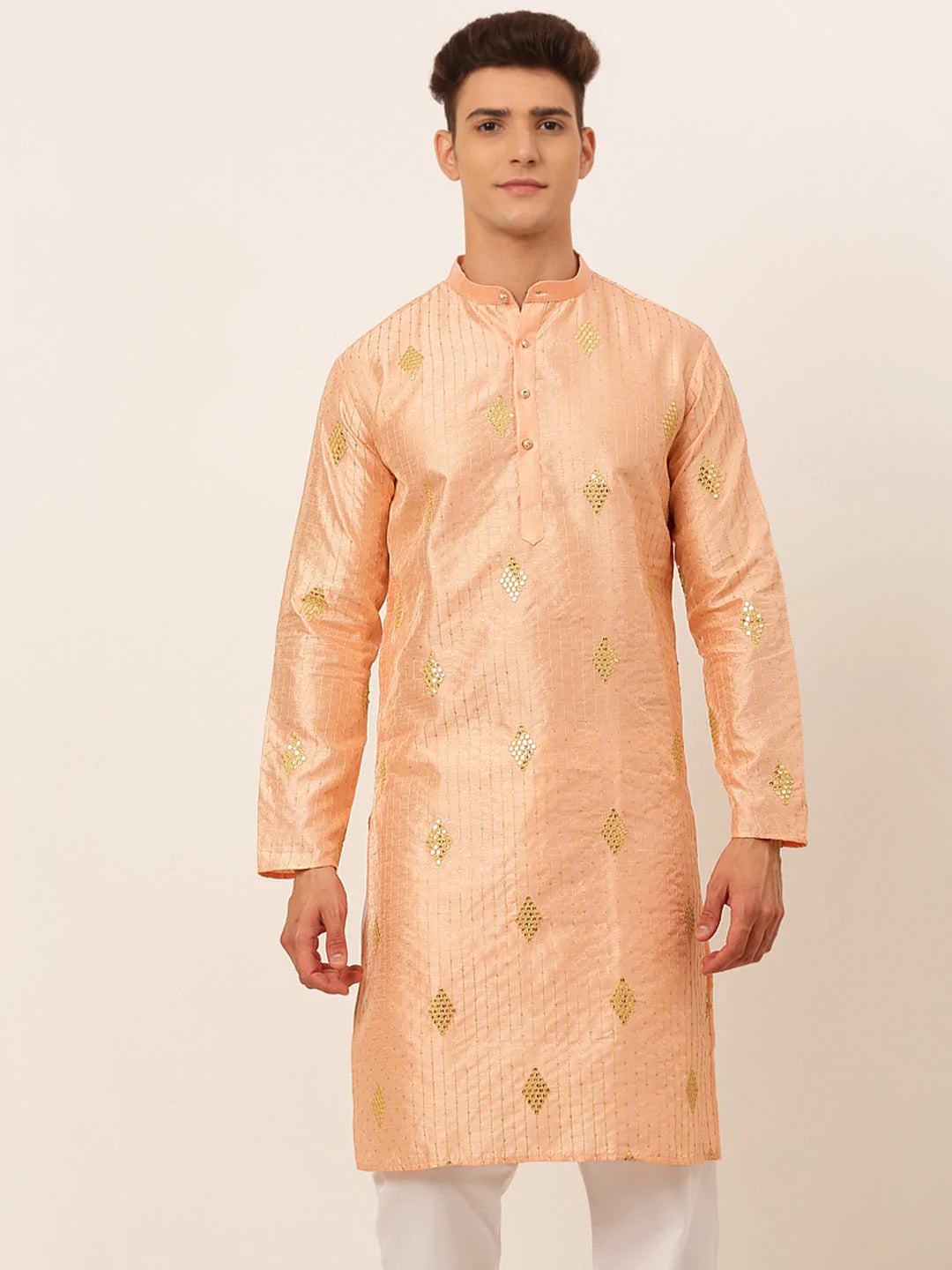 Jompers Men Peach Embroidered Sequinned Kurta Only ( KO 673 Peach )