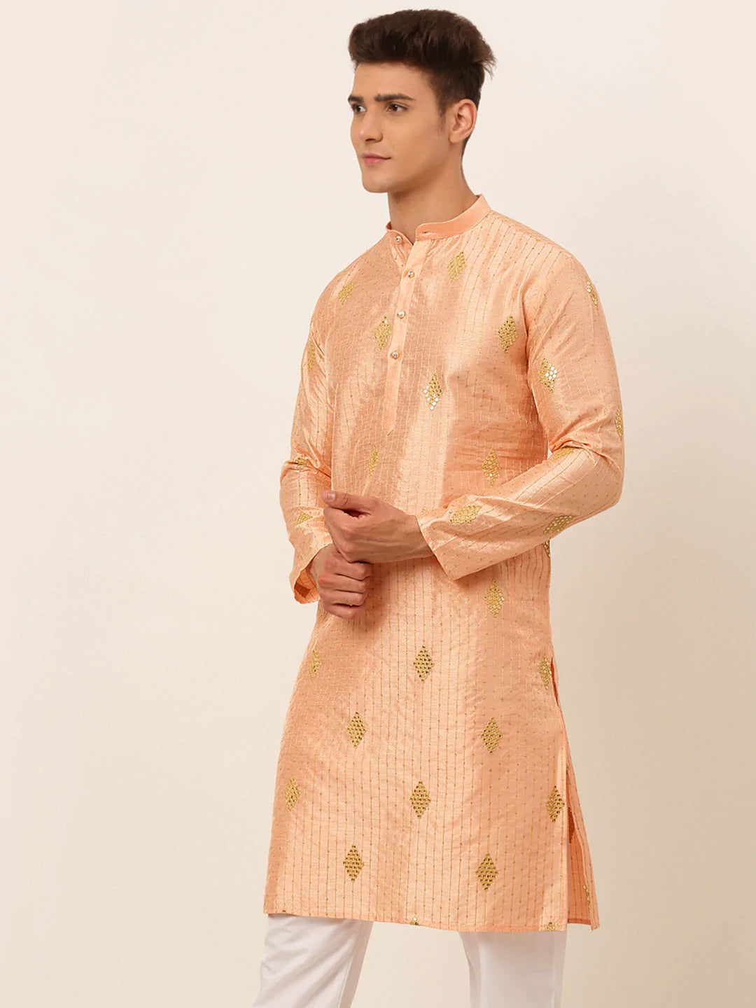 Jompers Men Peach Embroidered Sequinned Kurta Only ( KO 673 Peach )