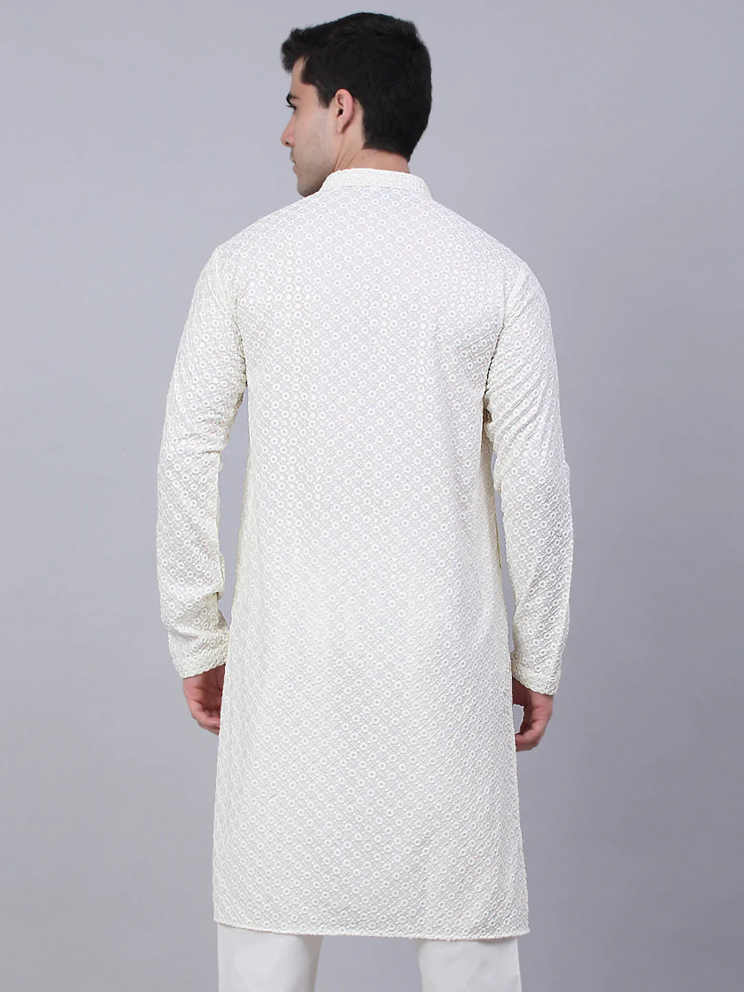 Men White Chikankari Embroidered and Sequence Kurta Only ( KO 678 White )
