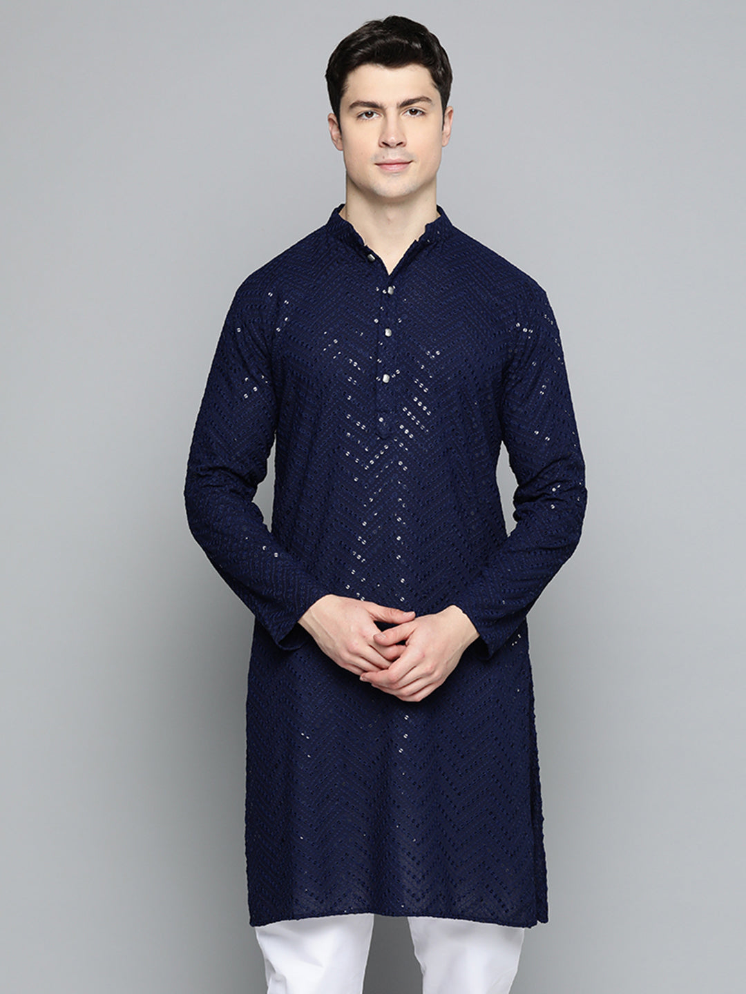 Men Navy Blue Slub Striped Embroidered Kurta Pyjama main image 0