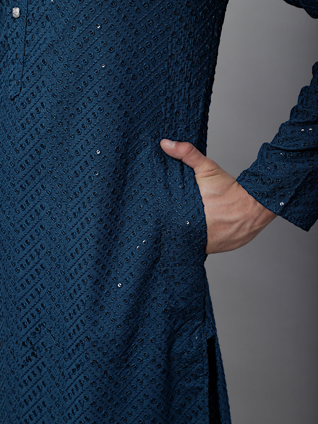 Men Peacock Blue Embroidered Sequinned Kurtas