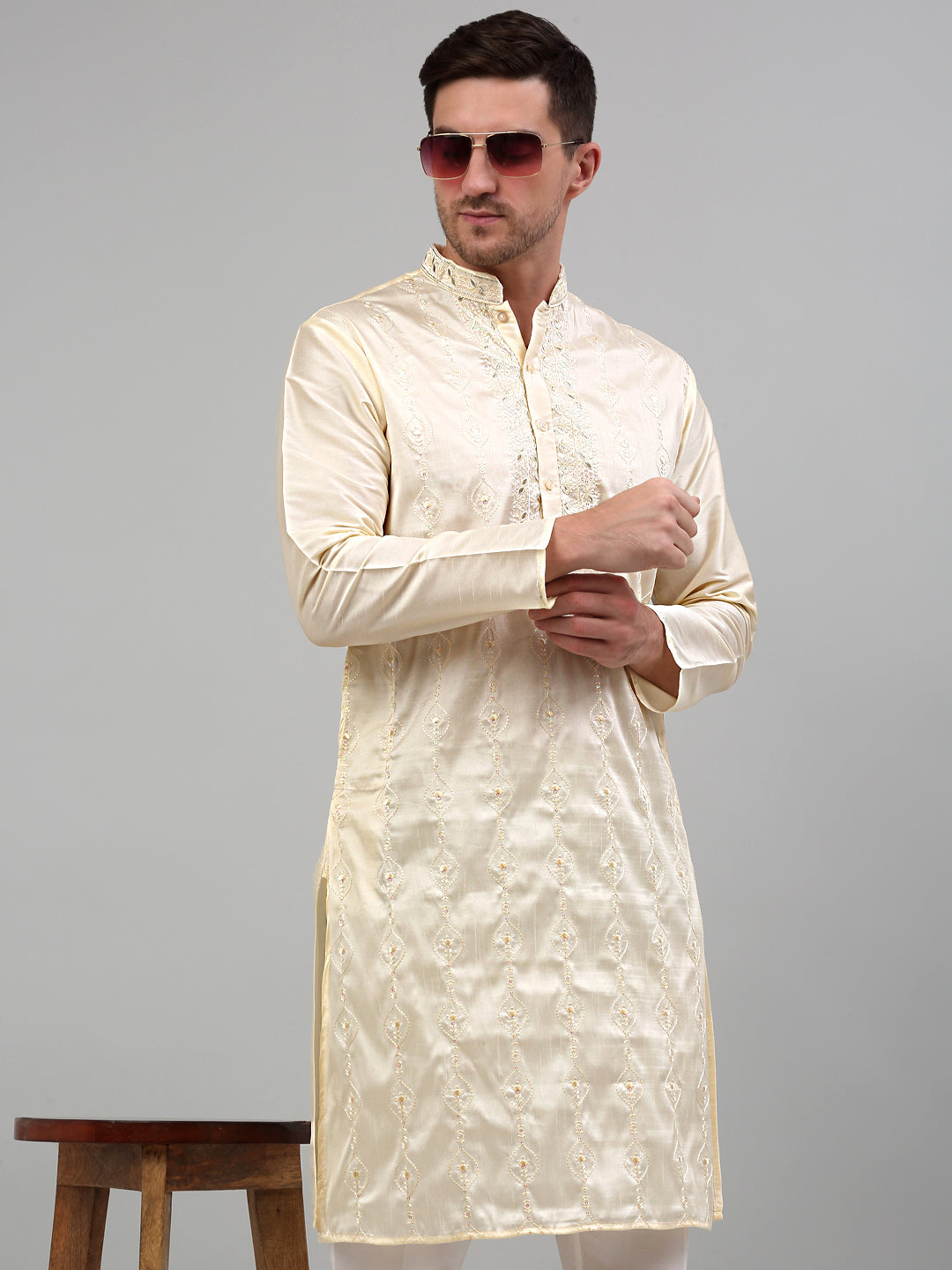 Men's Cream Embroidered Kurta Only