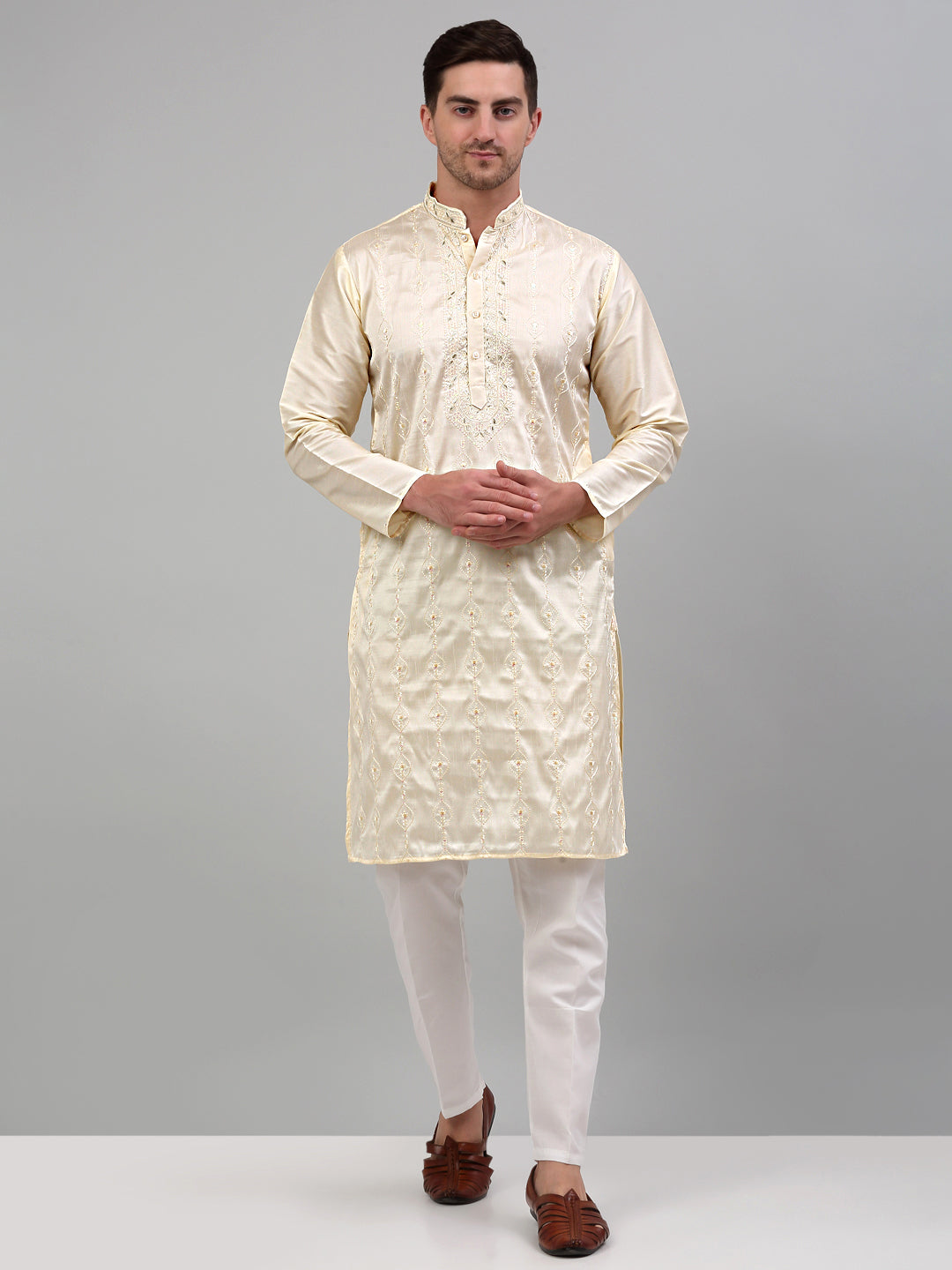 Men's Cream Embroidered Kurta Only