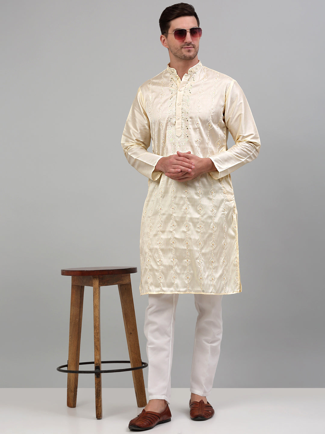 Men's Cream Embroidered Kurta Only