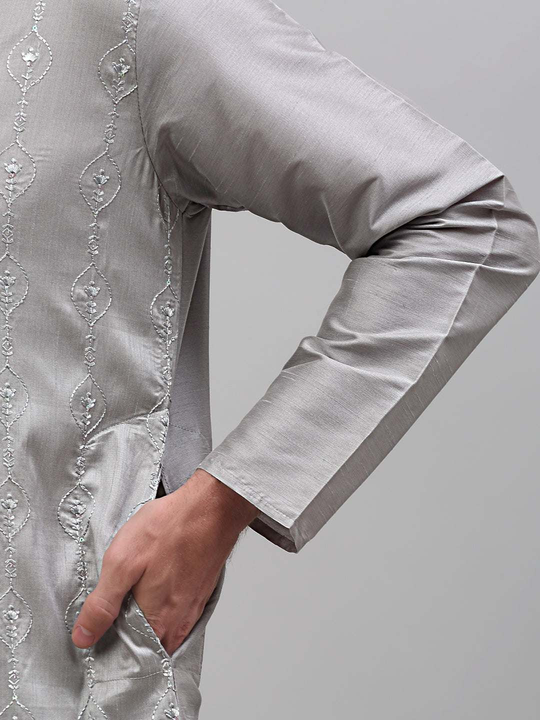 Men's Grey Embroidered Kurta Only