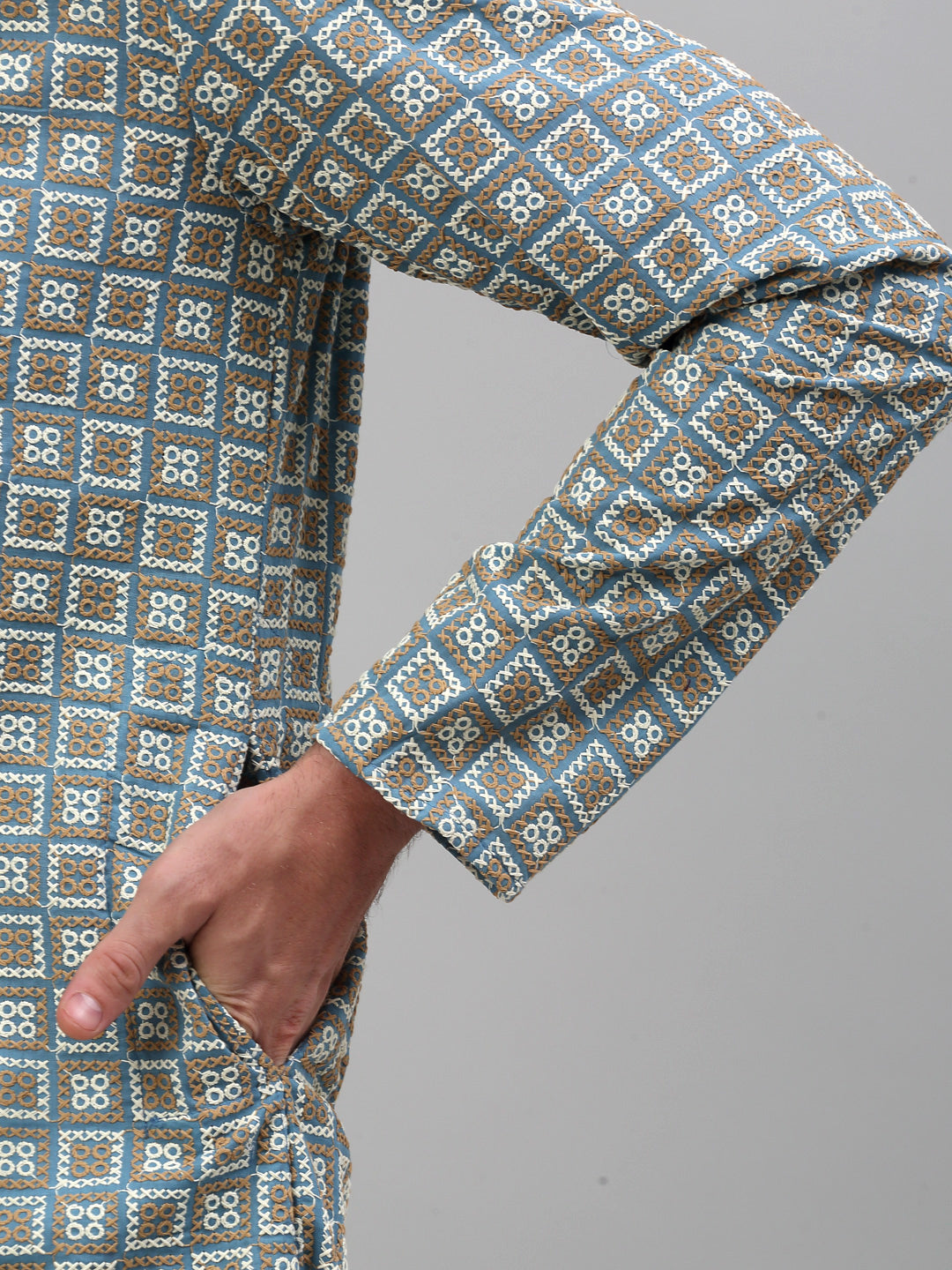 Men's Blue Embroidered Kurta Only