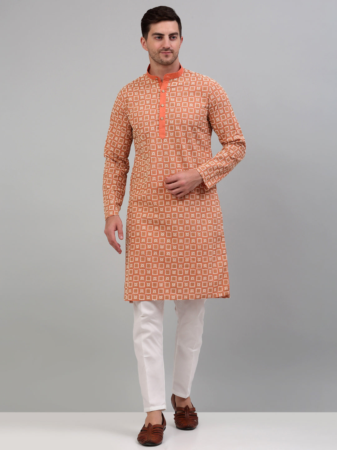 Men's Peach Embroidered Kurta Only
