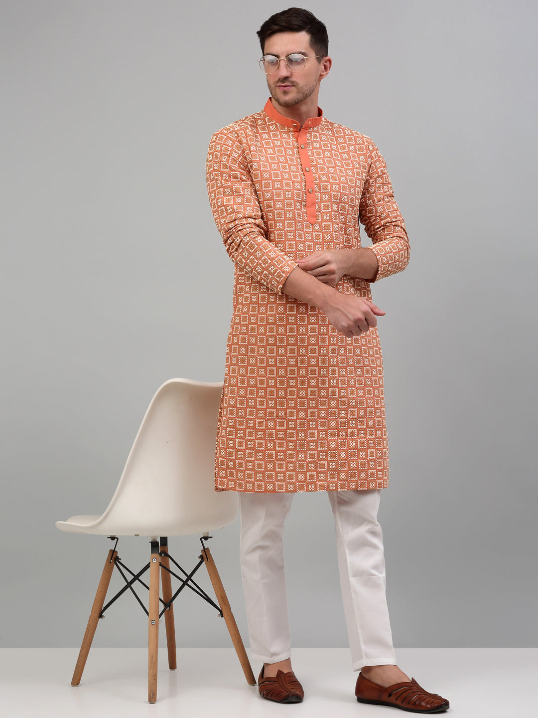 Men's Peach Embroidered Kurta Only