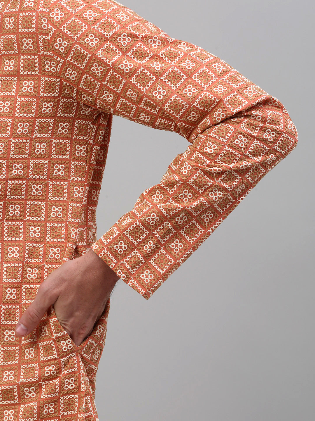 Men's Peach Embroidered Kurta Only
