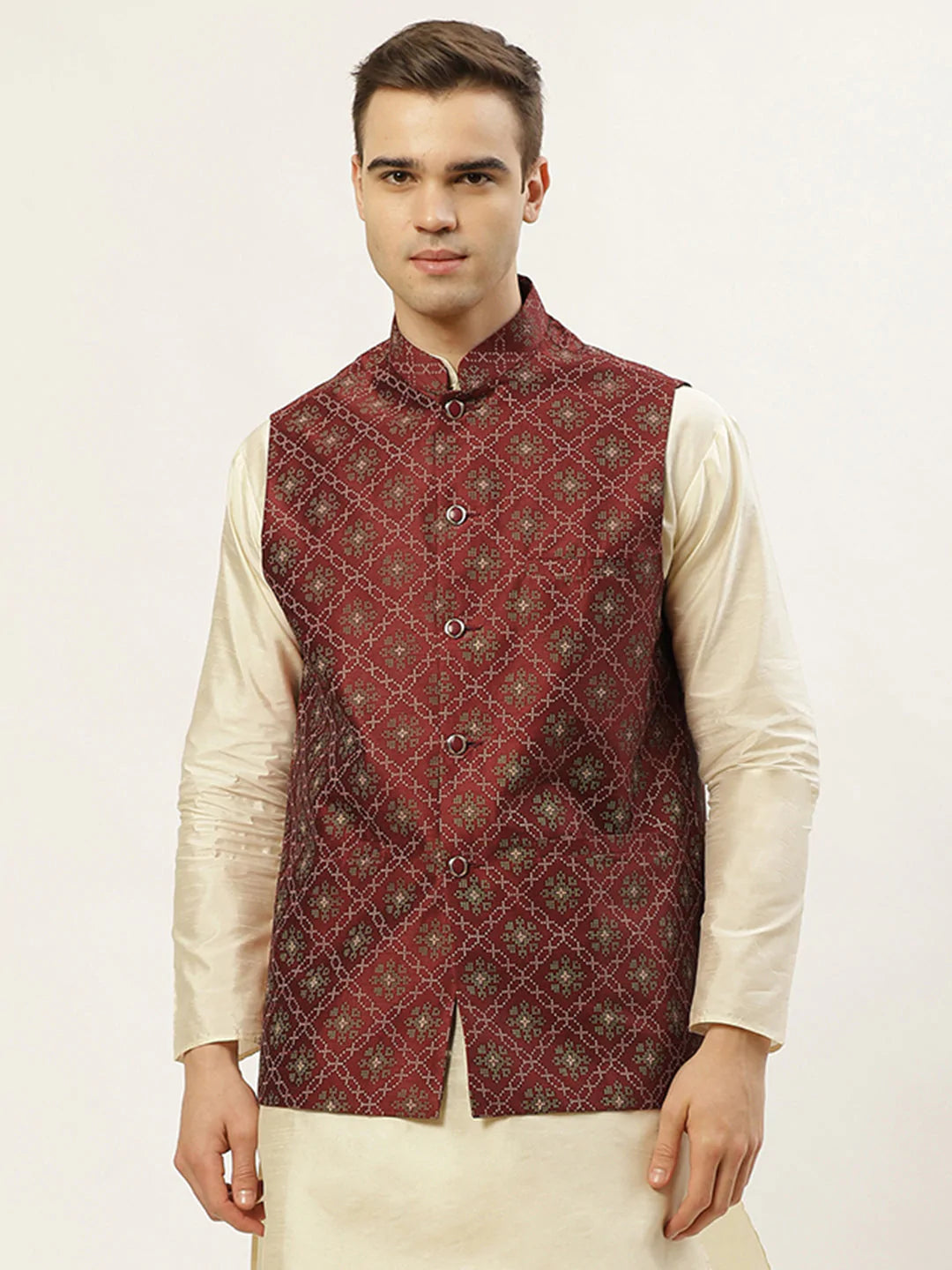 Jompers Men's Maroon Printed Nehru Jacket ( JOWC 4031Maroon )