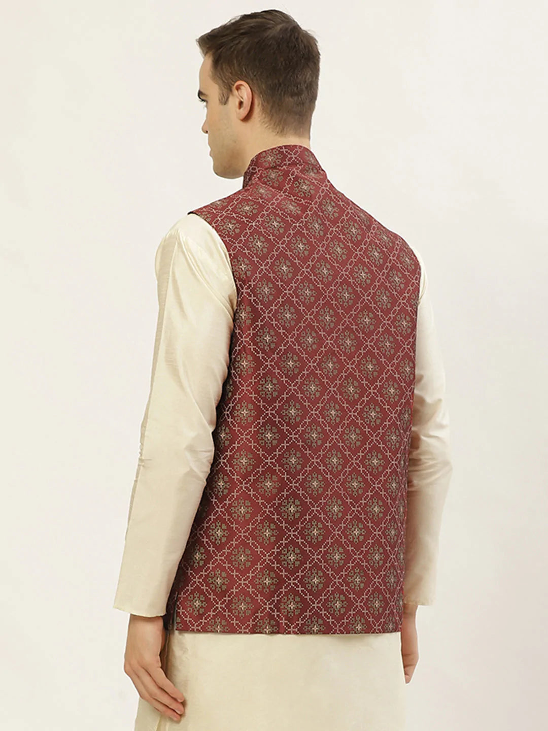 Jompers Men's Maroon Printed Nehru Jacket ( JOWC 4031Maroon )