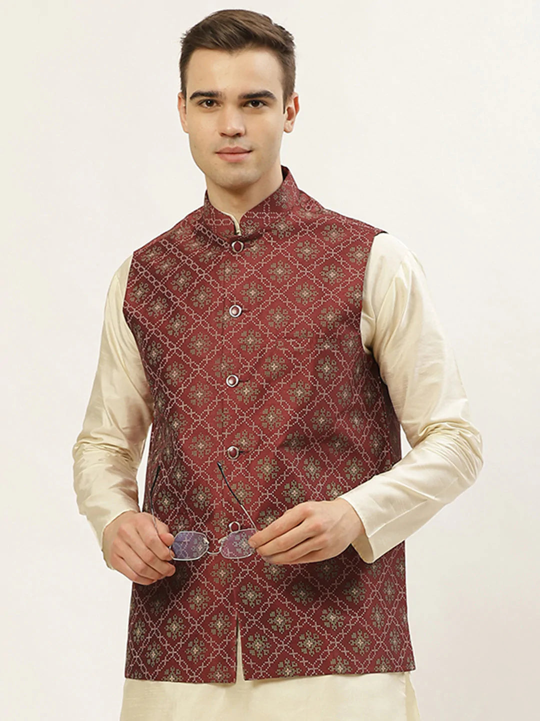 Jompers Men's Maroon Printed Nehru Jacket ( JOWC 4031Maroon )