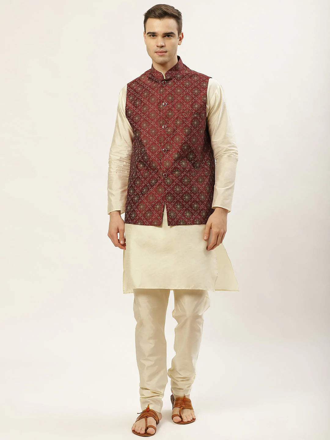 Jompers Men's Maroon Printed Nehru Jacket ( JOWC 4031Maroon )