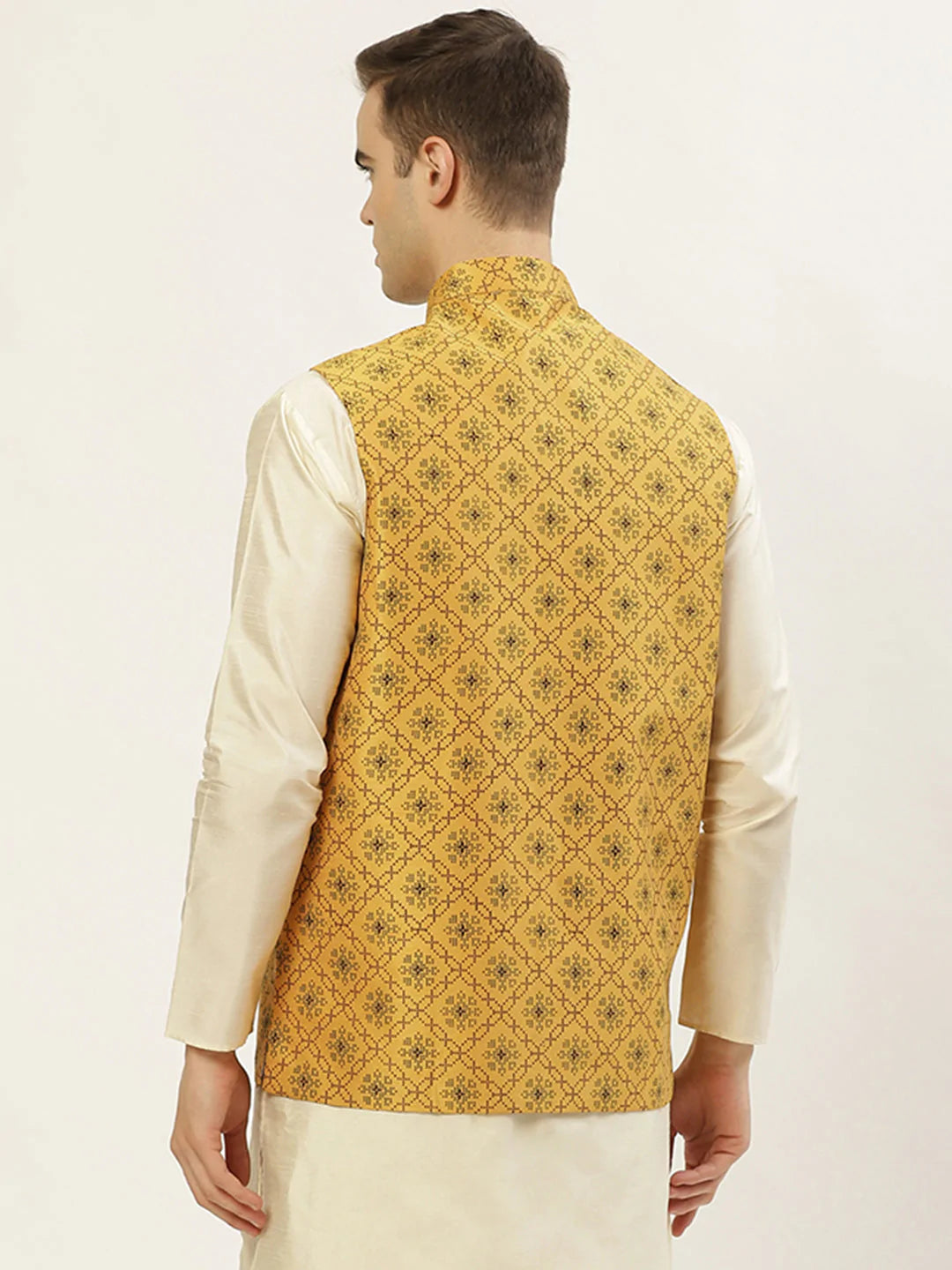 Jompers Men's Mustard Printed Nehru Jacket ( JOWC 4031Mustard )