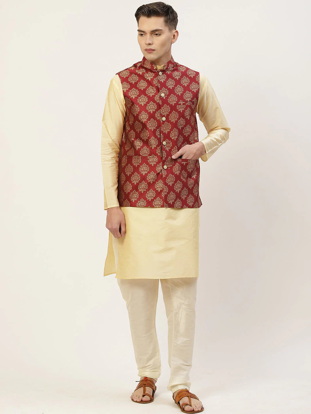 Jompers Men's Maroon Printed Nehru Jacket ( JOWC 4032Maroon )