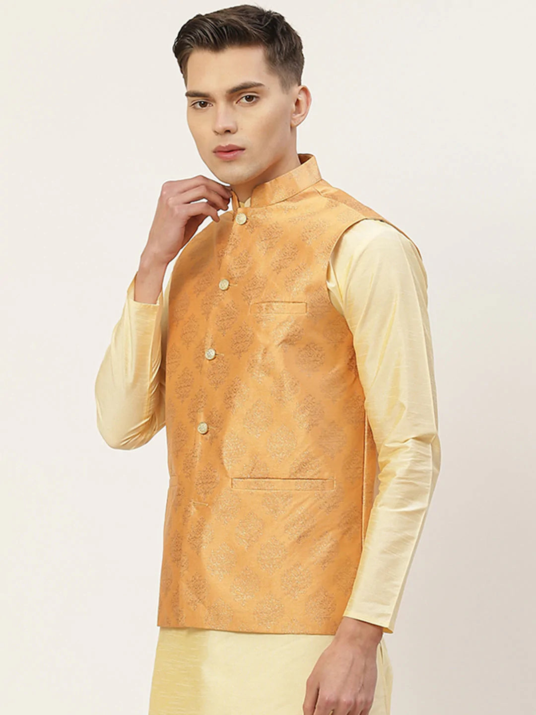 Jompers Men's Peach Printed Nehru Jacket ( JOWC 4032Peach )